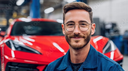 Smiling mechanic in front of a red sports car