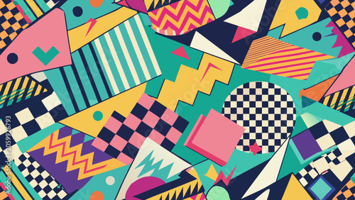 Retro memphis style seamless pattern with abstract geometric shapes and chequerboard elements abstract geometric seamless colorful nineties background triangles creative wallpaper ornament