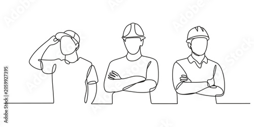 Continuous line drawing of three construction workers standing together