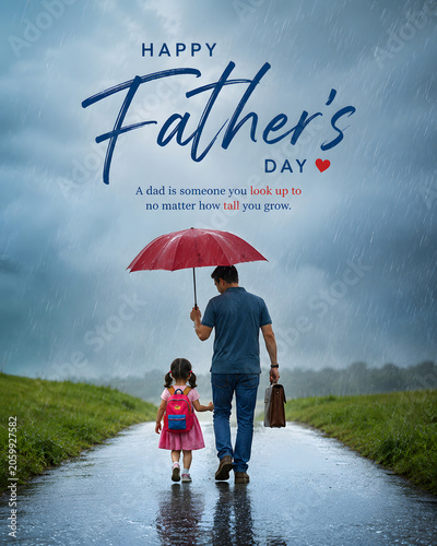 Happy Father's Day Greeting Poster with Father and Daughter Walking in Rain under Red Umbrella, Inspirational Quote about Dad Being a Hero, Emotional Stock Photo