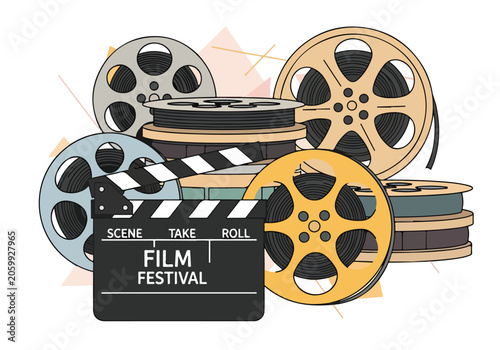 Quadro em tela Film festival graphic with clapperboard and reels
