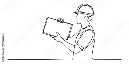 Continuous line drawing of a construction worker holding a folder
