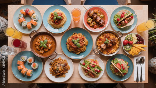 Colorful assortment of international cuisine dishes on table, vibrant presentation, overhead view, realistic food photography, advertising concept, copy space