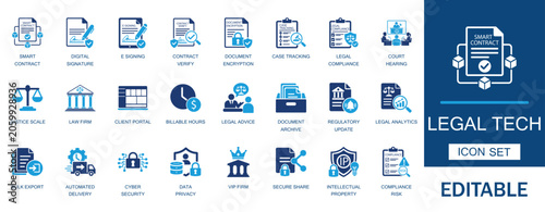 LegalTech icon set. Featuring smart contract, digital signature, justice scale, law firm, legal compliance, cyber security, and data privacy symbols.