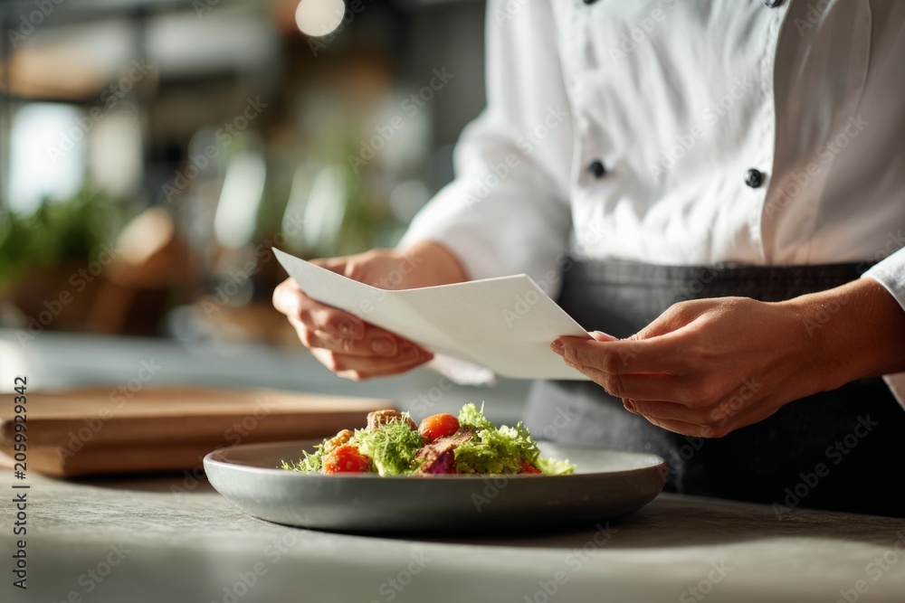 Naklejka premium Restaurant worker placing allergy note beside prepared salad dish