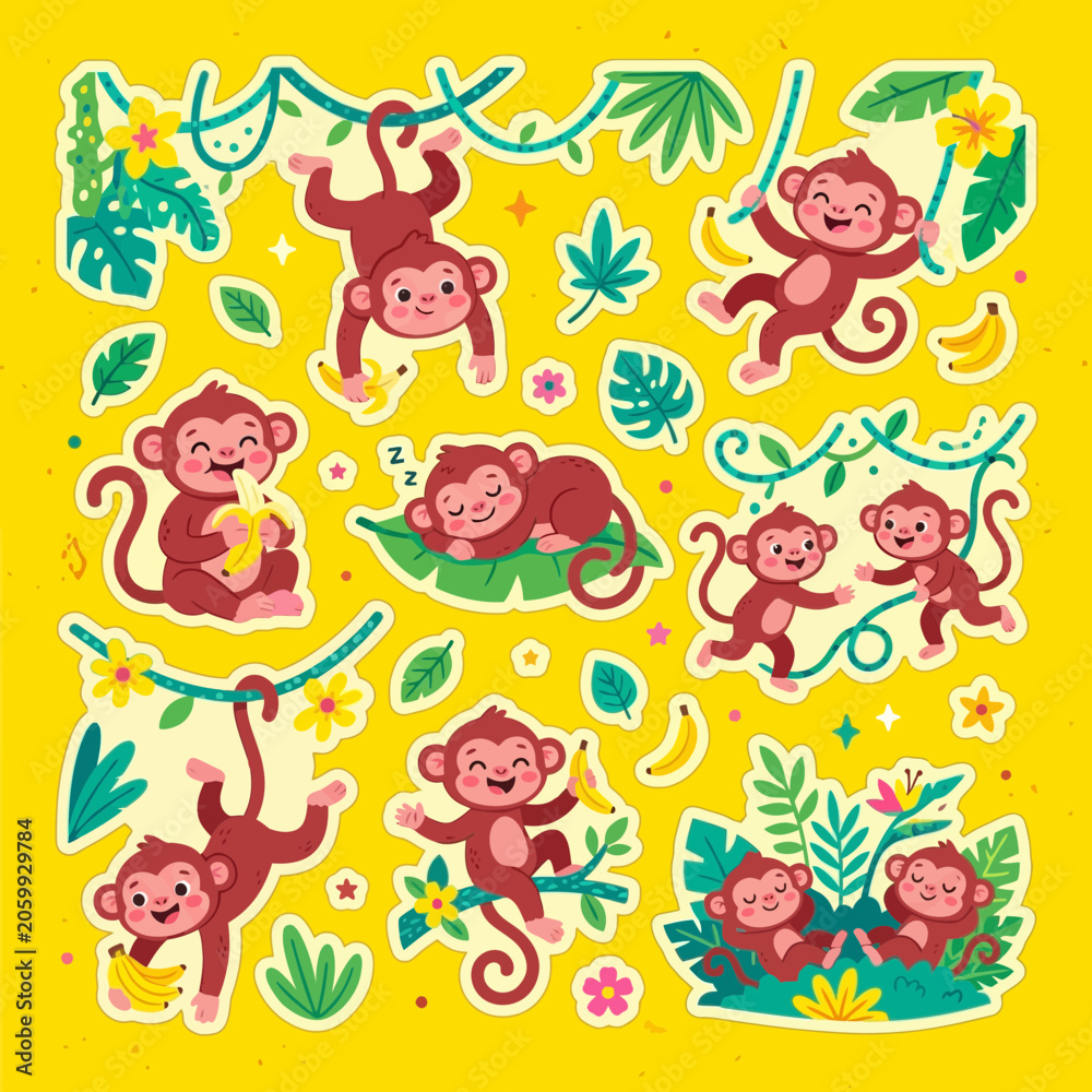 Fototapeta premium Collection of Cute Cartoon Monkeys Eating Bananas and Playing in a Jungle Setting