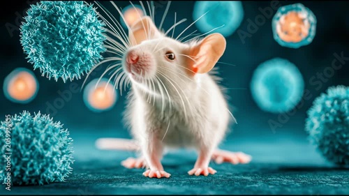 Close-up of a laboratory mouse on a turquoise background surrounded by virus-like particles. The theme of biomedical research, virology, and experimental science.