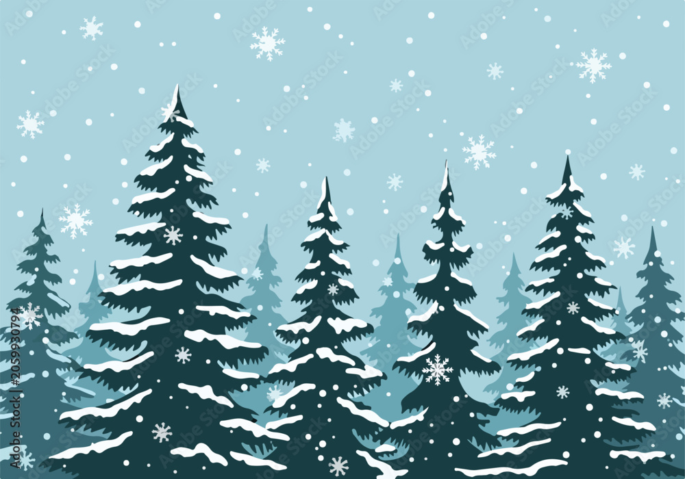 Obraz premium Snowy forest scene with snowflakes