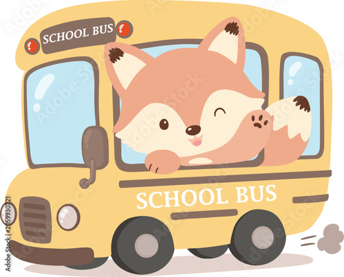 Cute Fox Riding School Bus Cartoon Illustration