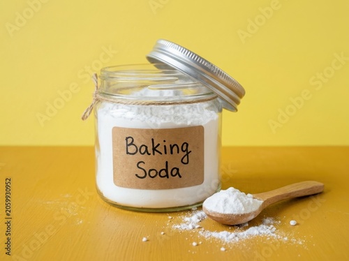 Glass jar of baking soda with a wooden spoon on a yellow and brown surface