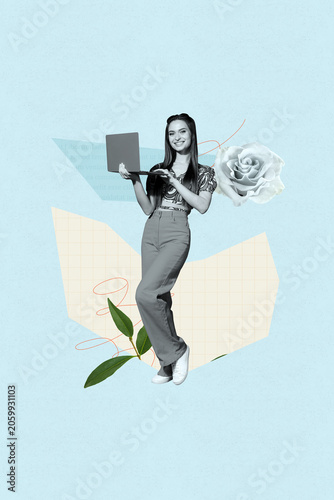 Φωτογραφία 3d sketch image vertical collage of happy girl walk summer spring park rose flow