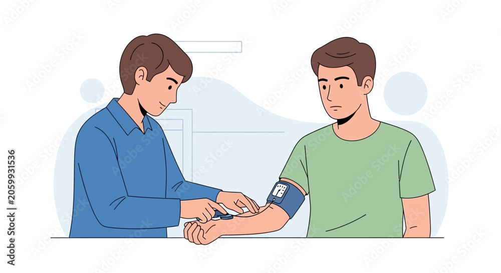 Fototapeta premium Doctor taking blood pressure of patient in medical check-up illustration