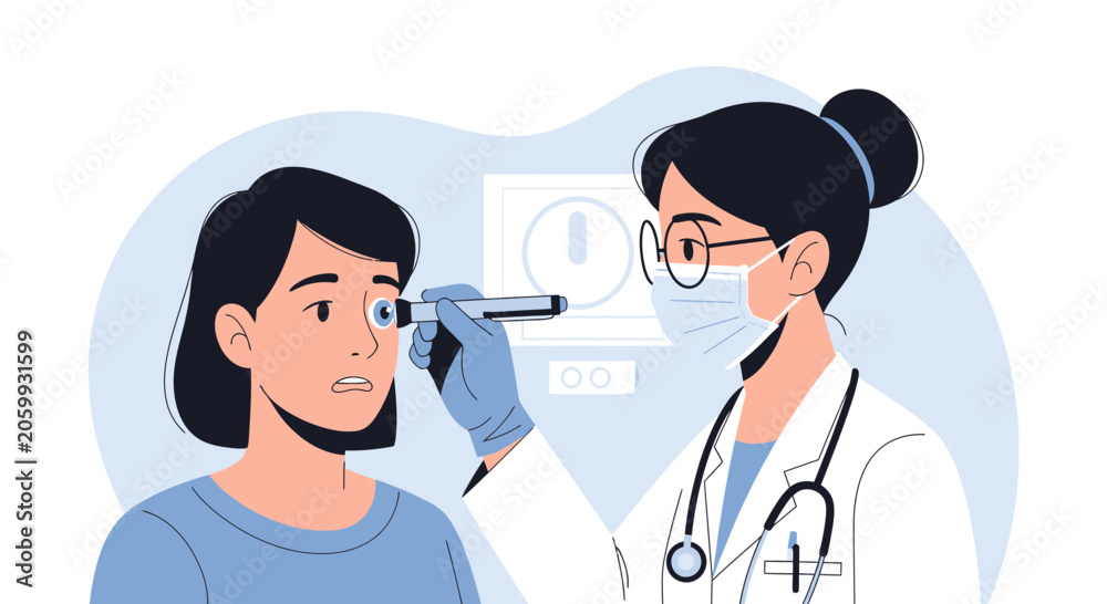 Fototapeta premium Ophthalmologist Examines Patient's Eye with Ophthalmoscope
