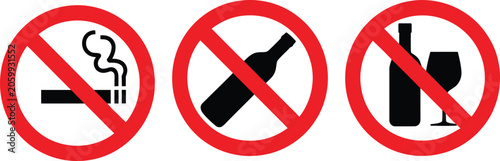 Prohibition icons no smoking drinking wine bottle glass