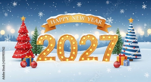 A happy new year 2027 winter scene with christmas trees illustration