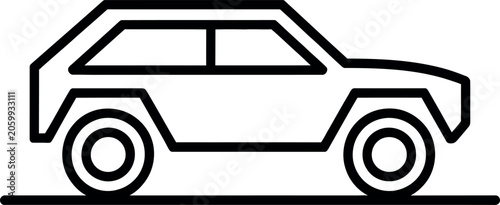 Minimalist line art car icon with four wheels on a flat road