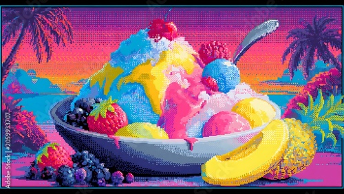 Pixel art illustration of a massive bowl of colorful shaved ice dessert topped with fresh berries and tropical fruits resting on a vibrant neon beach under a bright sunset evening