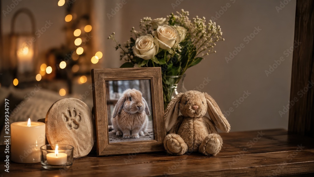 Fototapeta premium Pet memorial arrangement with framed rabbit photo, clay paw print, plush bunny, lit candles and roses on a wooden table in warm soft lighting