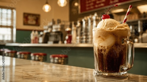 Root beer float in a glass mug with vanilla ice cream, cherry, and striped straw on a marble diner counter in a retro soda fountain setting