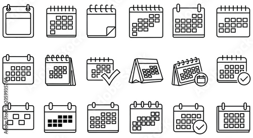 Calendar Icons Set Black Line Art On White Background