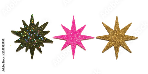 Three colorful sparkling star shapes with glitter textures in pink gold and black colors