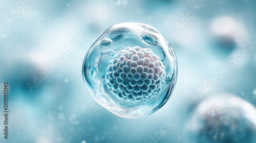 Microscopic view of a dividing cell cluster, representing early embryonic development and cellular growth