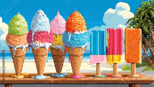 Pixel art illustration of colorful melting ice cream cones and bright frozen popsicles lined up on a wooden table against a sunny tropical beach and ocean background on a hot summer