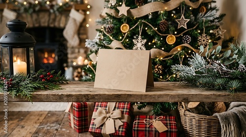 Blank greeting card on wooden shelf with decorated christmas tree