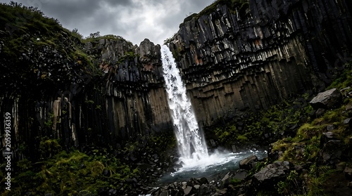 Dramatic waterfall plunging over dark basalt rock columns