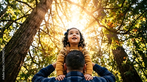 Little girl sitting on her father's shoulders in a sunny forest
