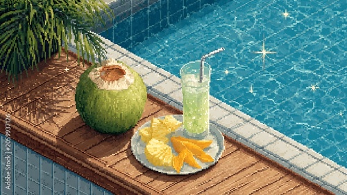 Pixel art illustration of a refreshing fresh green coconut, a cold iced drink, and a plate of sliced tropical fruits resting on a wooden deck next to sparkling blue swimming pool