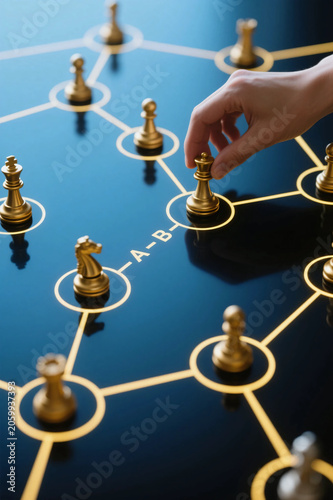 Leadership Strategy Concept with Crystal Chess Pawns on Golden Connected Network