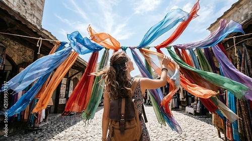 Woman explorer browsing colorful scarves in a sunny market street