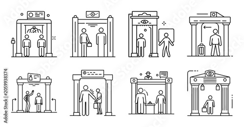 Modern bathroom icons with people activities - Flat vector icons showing various activities and objects inside contemporary bathrooms with simple line art style.