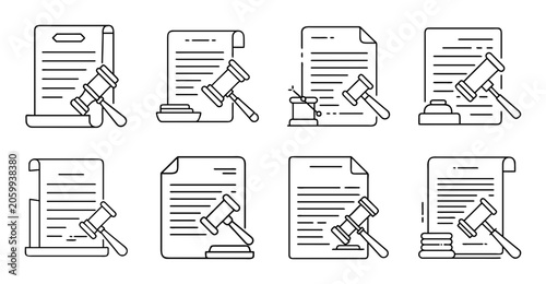 Flat design document icons with editing tools - Set of eight minimalist document icons showing edit, print, and share actions in clean vector style
