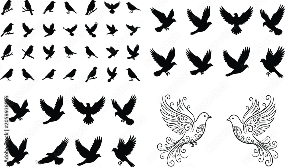 Fototapeta premium Large set of bird silhouettes and decorative line art doves flying and perched isolated on white background