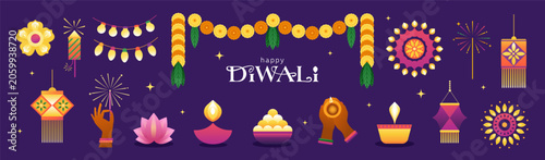 Happy Diwali symbols, icons, design elements set. Holiday Indian colorful decor and diya. 