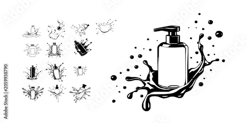 Quadro su tela Aftershave Splash Bottle with Liquid Drops on White Background Outline