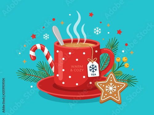 Festive Christmas Tea with Gingerbread Cookie and Candy Cane