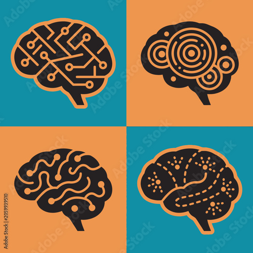 Four Stylized Brain Illustrations Representing Technology and Intelligence