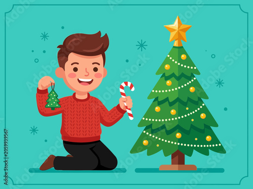 Joyful Boy Decorating Christmas Tree with Ornament and Candy Cane