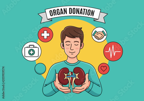 Man holding kidneys with organ donation symbols