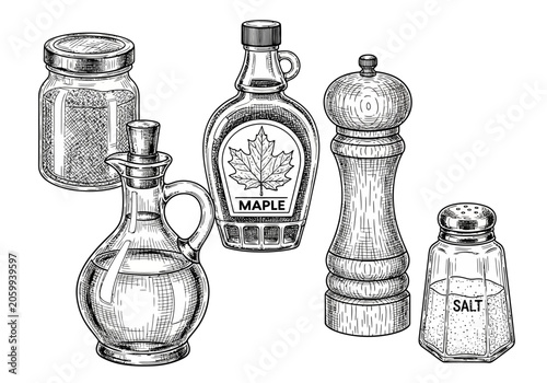 Maple Syrup Bottle, Oil Carafe, and Seasoning Shakers in Vintage Sketch Style