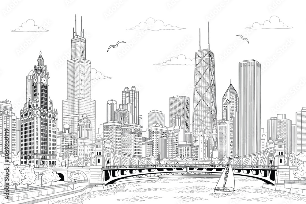 Fototapeta premium Detailed hand drawn line art illustration of Chicago city skyline panorama with famous skyscrapers bridge river and sailing boat
