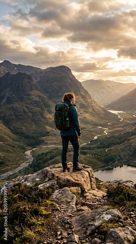 Woman hiker standing on a rocky mountain peak overlooking a valley