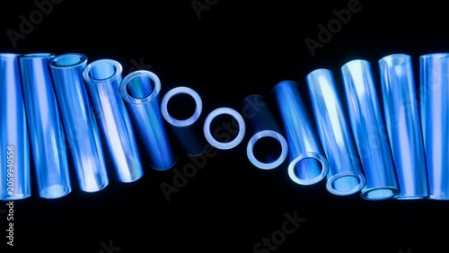 Blue Glass Cylinders Diagonal Array Iridescent Black Background 3D Render