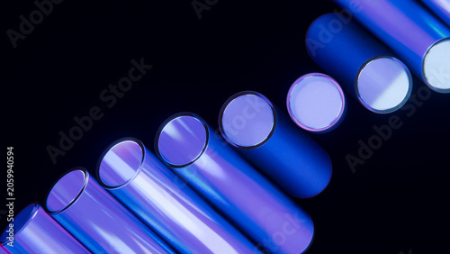 Blue Glass Cylinders Diagonal Array Iridescent Black Background 3D Render