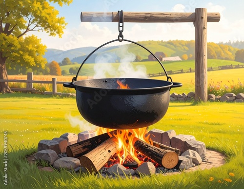 Cast Iron Cauldron Over Wood Fire in Sunny Countryside Cooking Scene