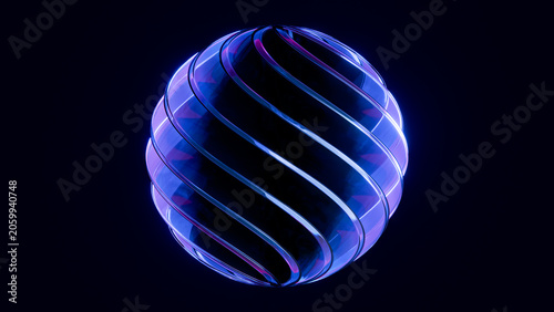 Glass Sphere Spiral Bands Purple Blue Neon Glow Black Background 3D Render
