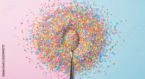 Colorful sugar sprinkles and metal spoon on pink and blue background